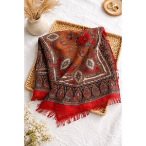 Club 7 Echo 100% Wool Scarf Red Paisley Square Fringe Vintage Wrap